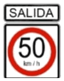 Señal reglamentaria R-30C: placa SALIDA sobre un círculo rojo con 50 km/h